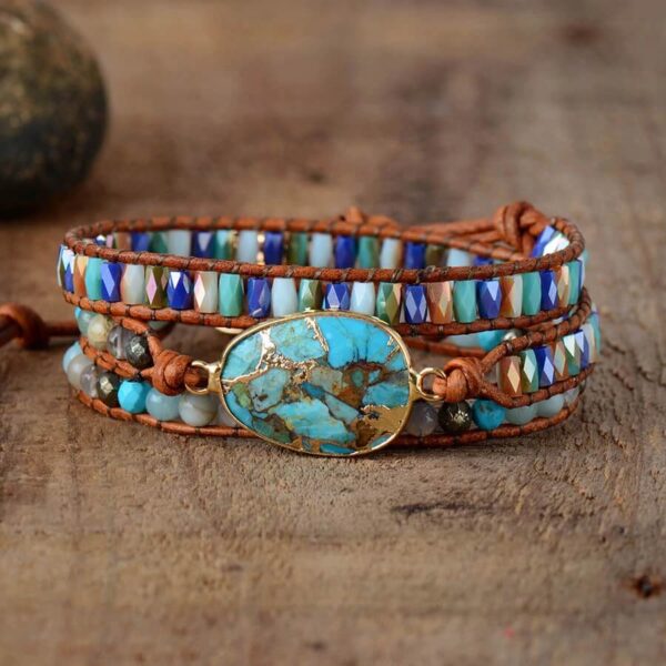 Pulseira de Pedra Natural Turquesa e Couro Feita a Mão - Image 3