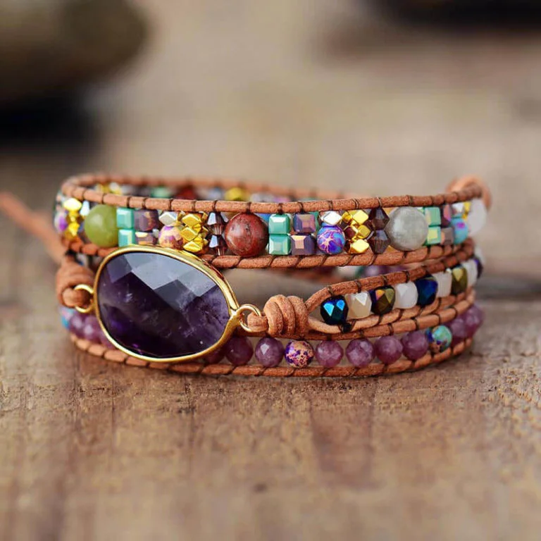 Pulseira Tripla de Pedra Natural Ametista