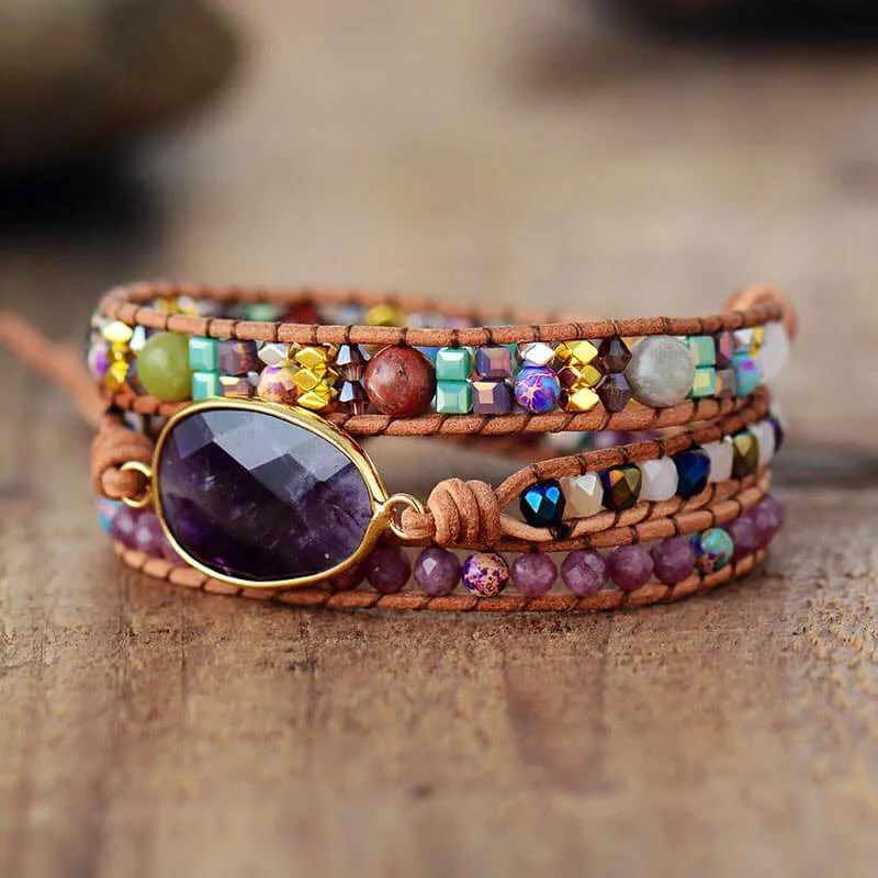 Pulseira Tripla de Pedra Natural Ametista