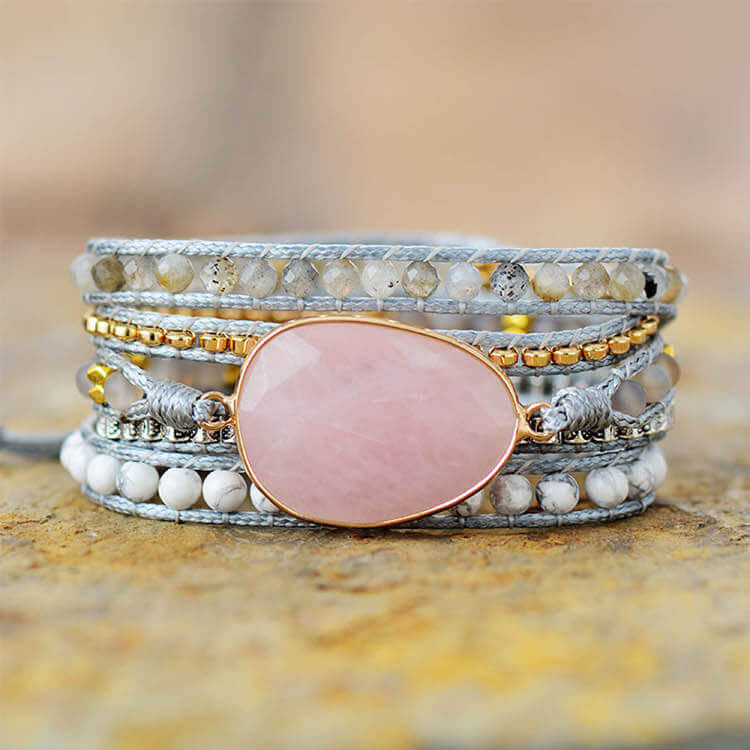 Pulseira Tripla de Pedra Natural Quartzo Rosa