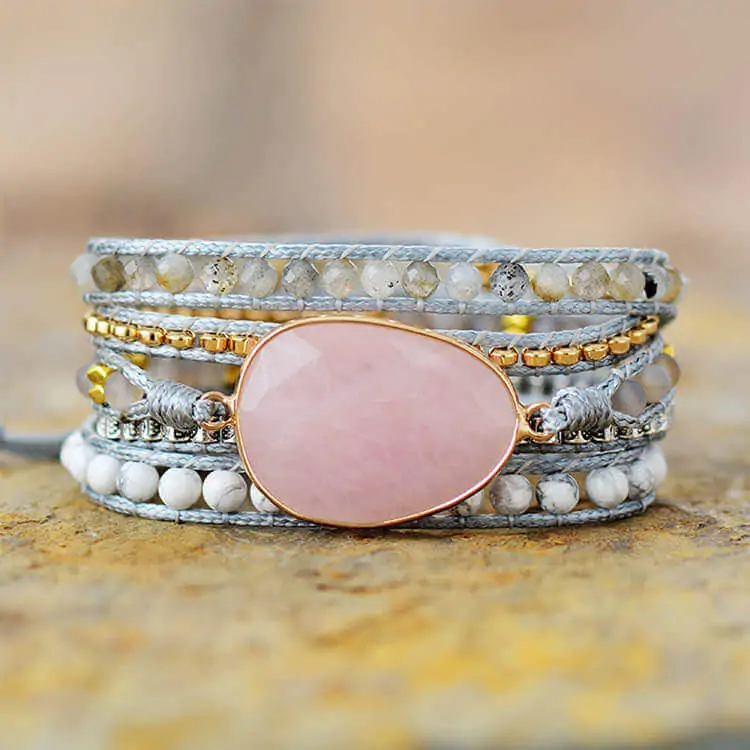 Pulseira Tripla de Pedra Natural Quartzo Rosa