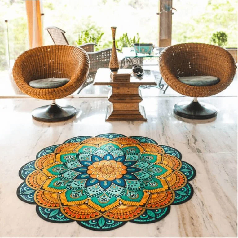 Tapete Mandala Floral Azul Amarelo e Laranja