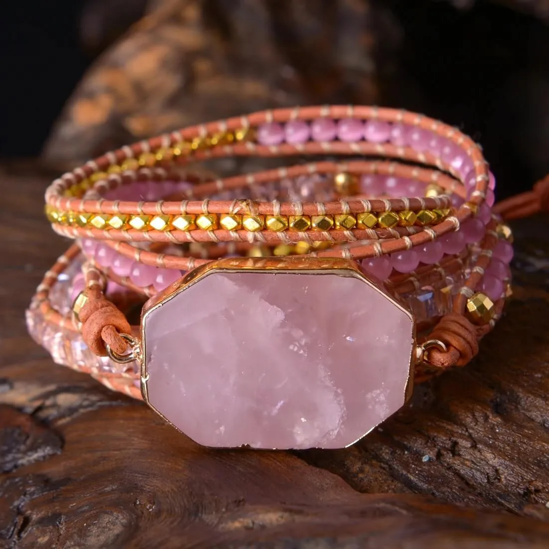 Pulseira Pedra Quartzo Rosa 5 voltas