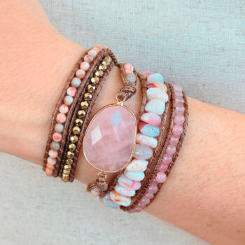 Pulseira Quartzo Rosa 5 Voltas Boho Chic Pedra Natural