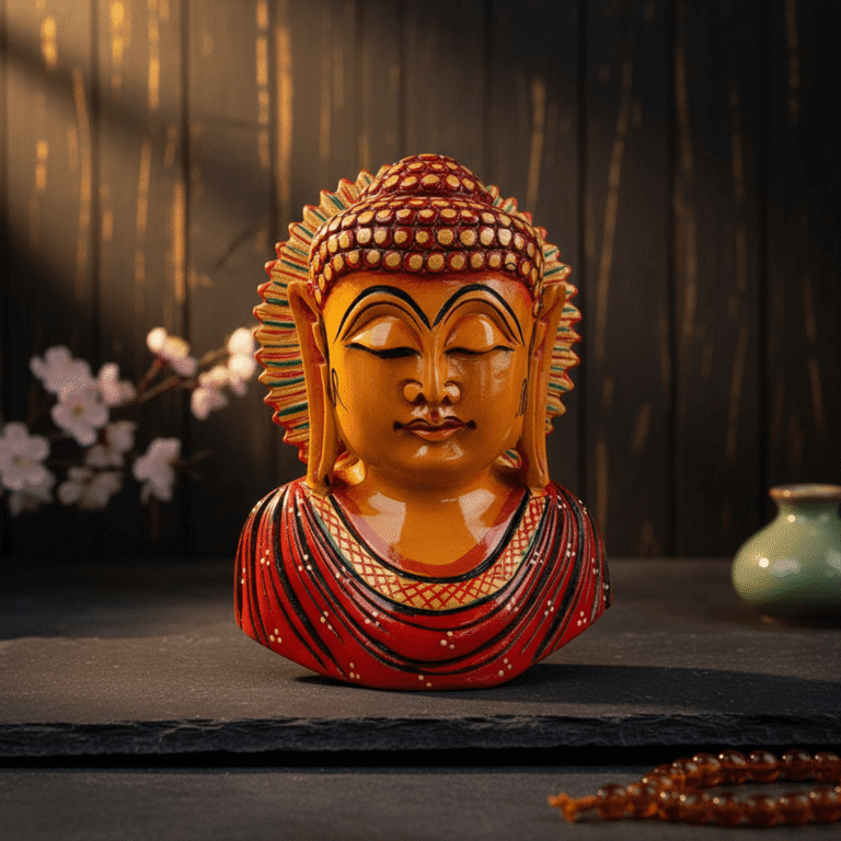 Busto Buda Madeira Pintado À Mão