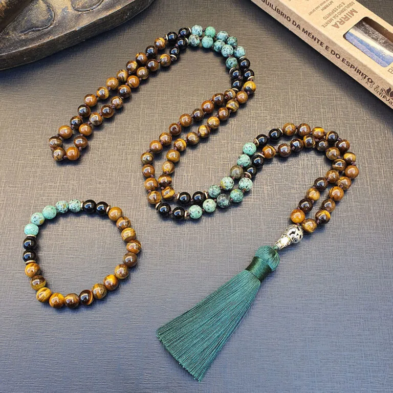 Japamala 108 Contas - Olho de Tigre - Turquesa Africana - Ônix