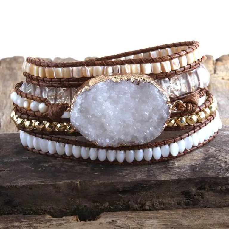 Pulseira 5 Voltas Pedra Cristal Branco