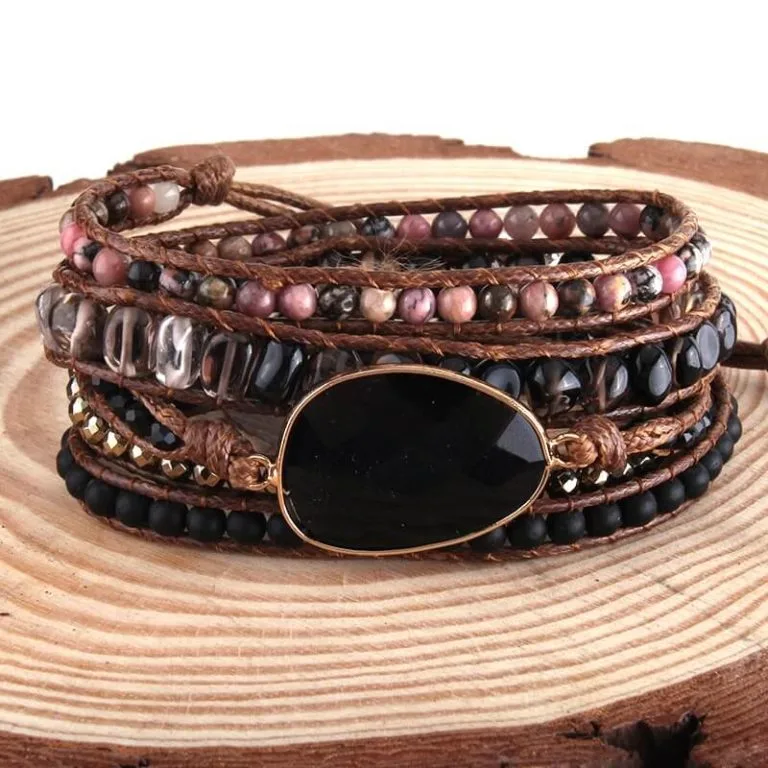 Pulseira 5 Voltas Pedra Natural Ônix Boho