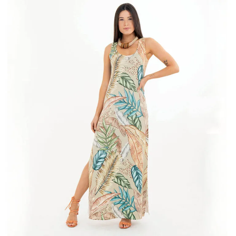 Vestido Longo Nadador Folhas Coloridas