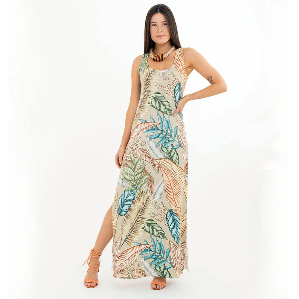 Vestido Longo Nadador Folhas Coloridas