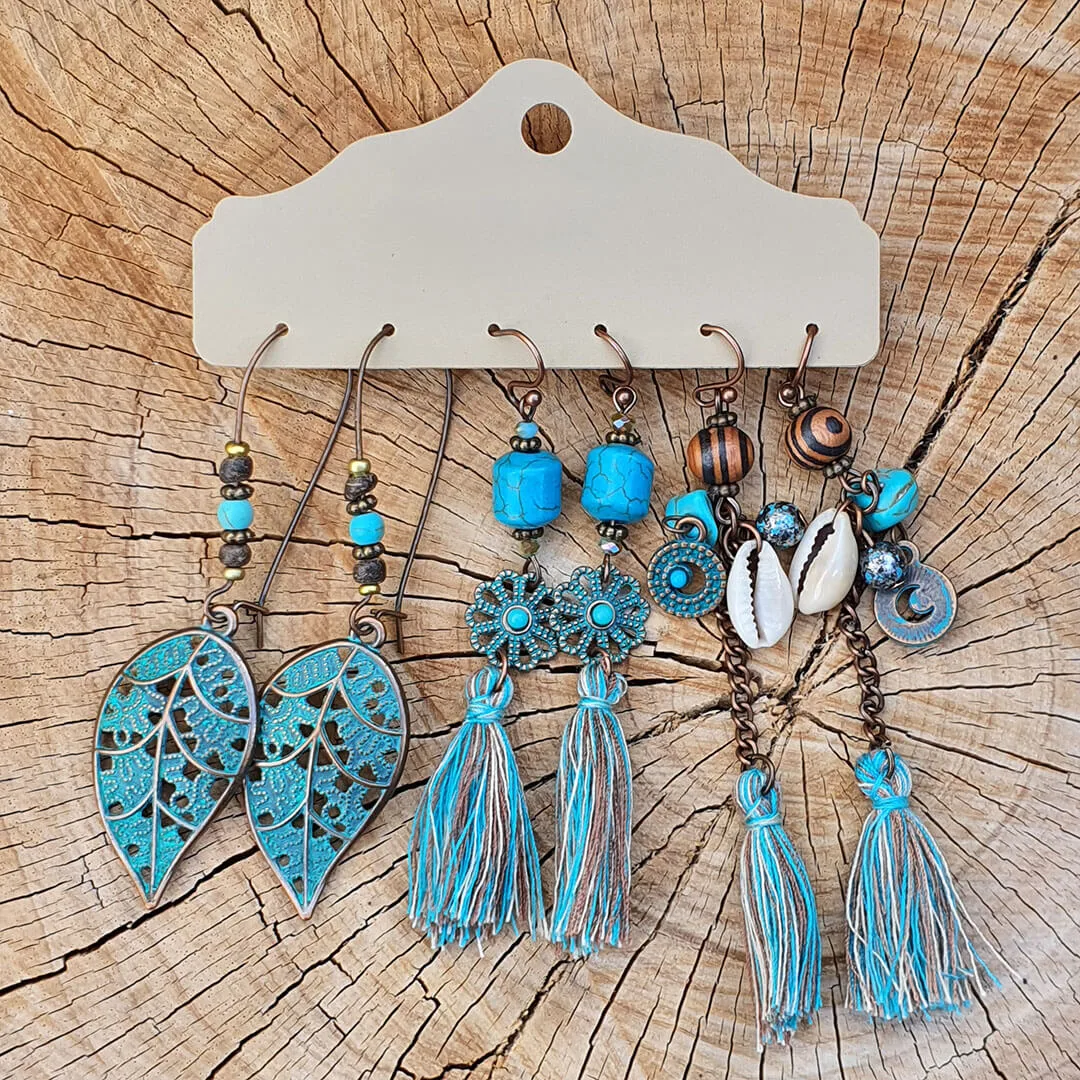 Kit 3 Pares de Brincos Vintage Pena e Búzios