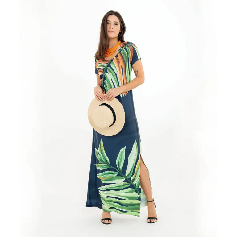 Vestido Longo Folhas em Aquarela Com Manga