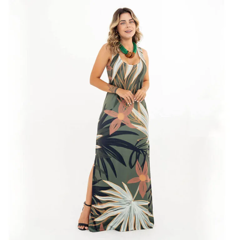 Vestido Longo Nadador Estampado Flores