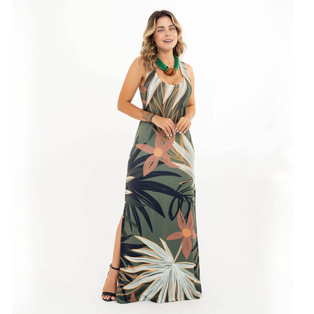 Vestido Longo Nadador Estampado Flores