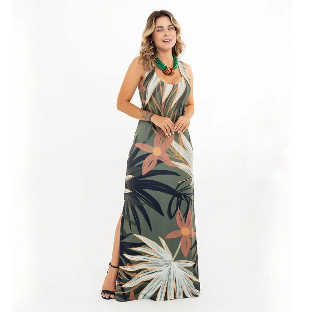 Vestido Longo Nadador Estampado Flores