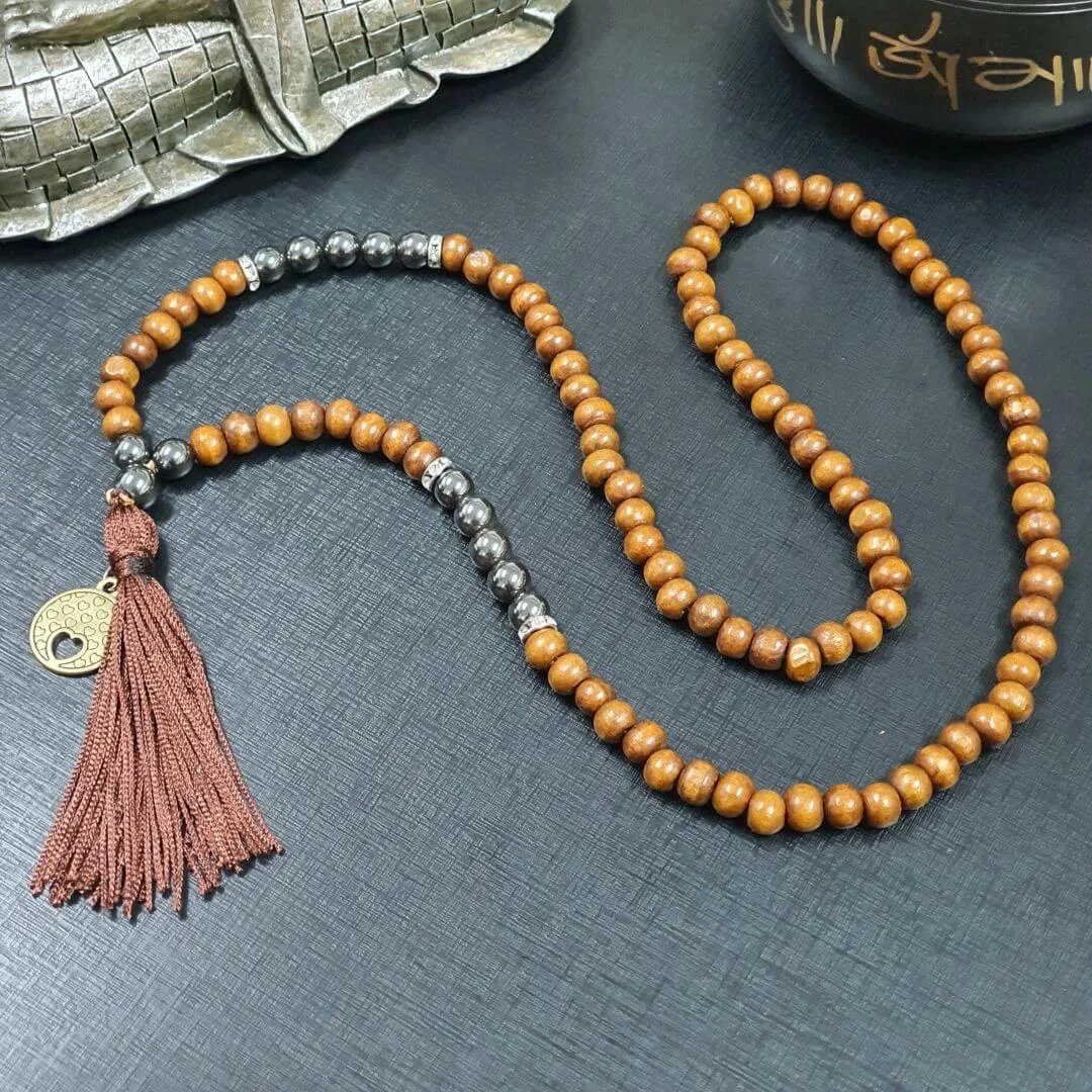 Japamala Ho'oponopono 108 Contas de Madeira e Hematita 8mm