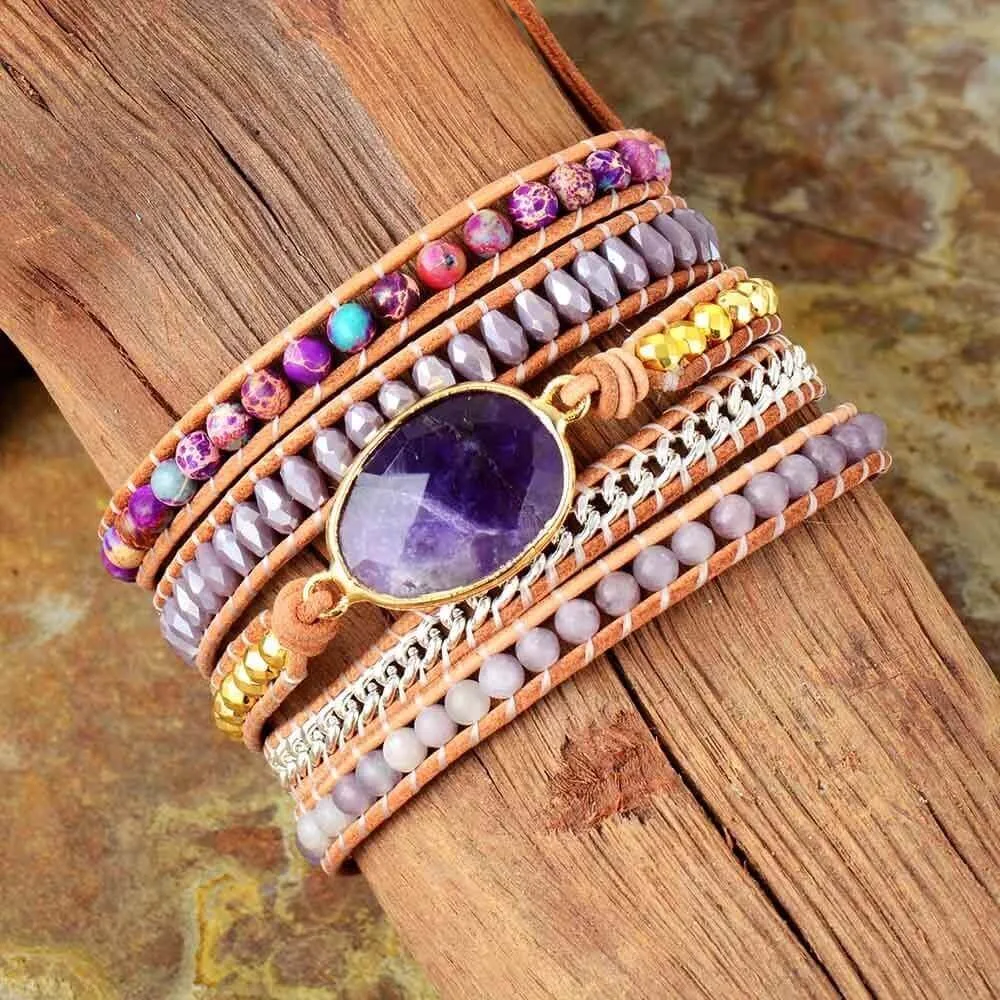 Pulseira Pedra Ametista Natural 5 Voltas