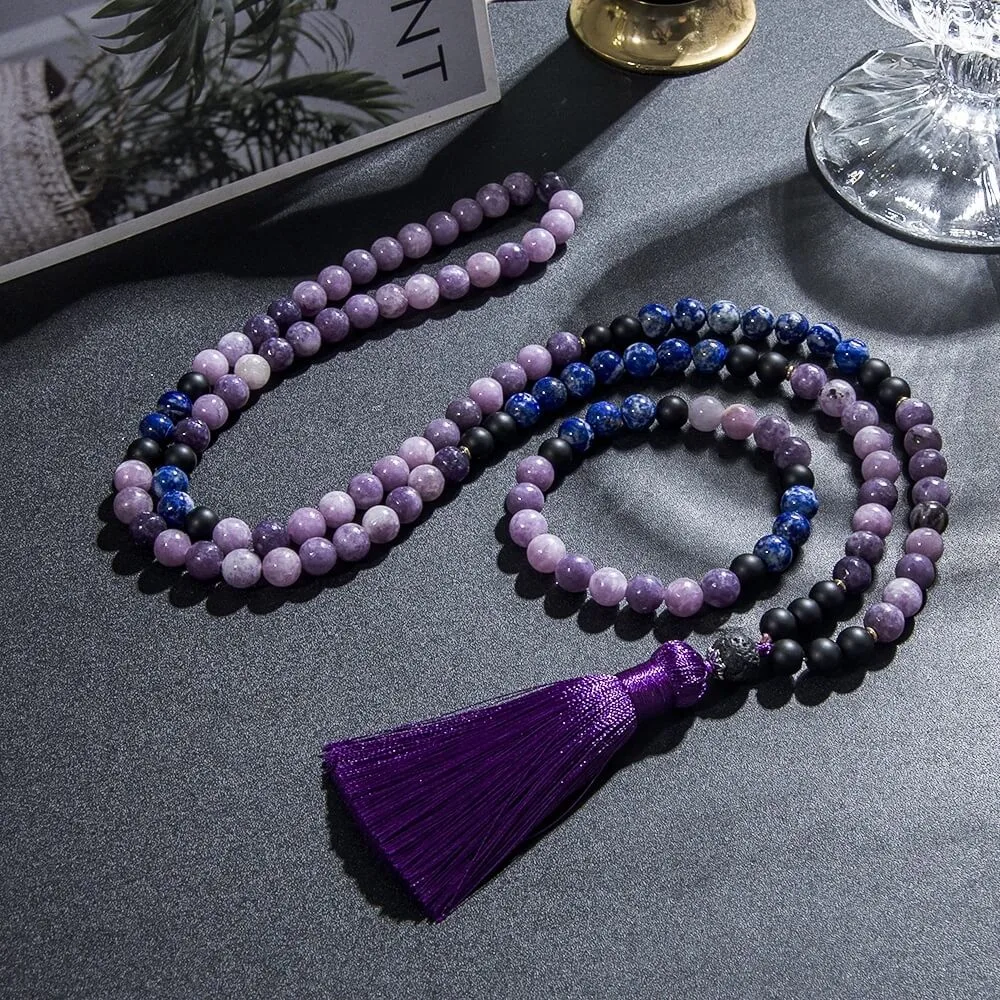 Japamala 108 Contas | Lápis Lazuli | Mica Roxa | Ônix