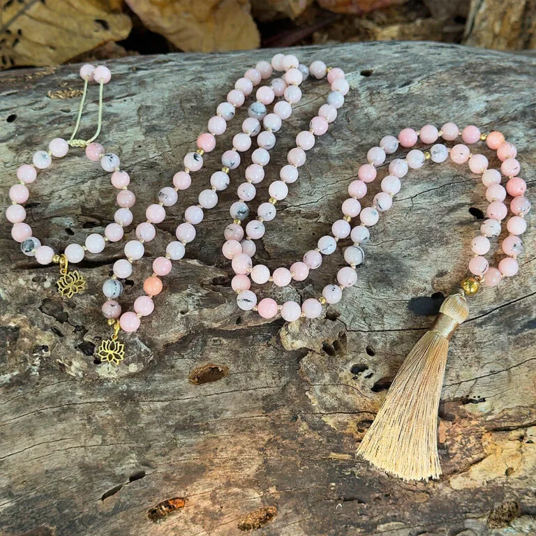 Japamala 108 Contas Opala Rosa + Pulseira Brinde