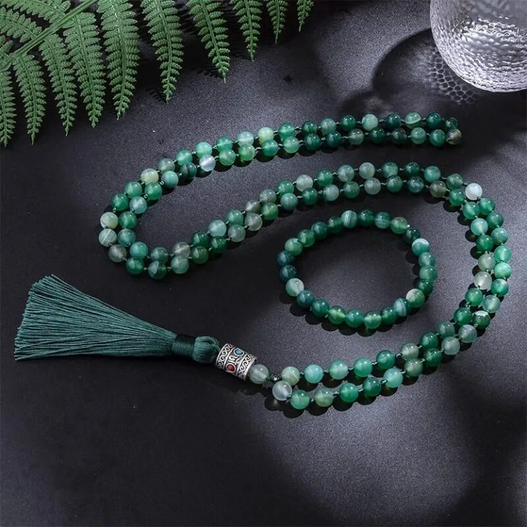 Japamala 108 Contas Ágata Verde + Pulseira Brinde