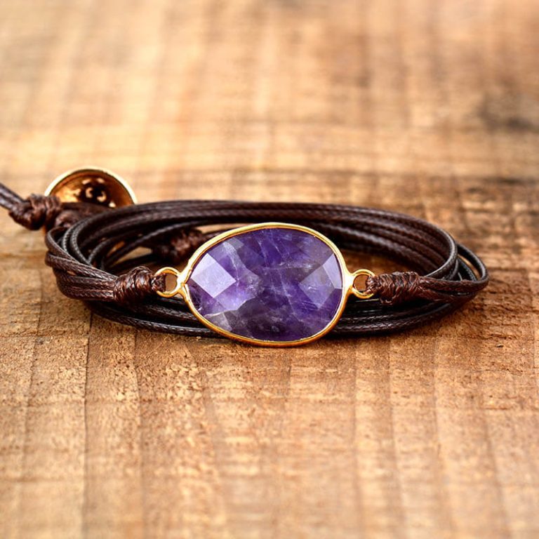 Pulseira Ametista Cordão Marrom