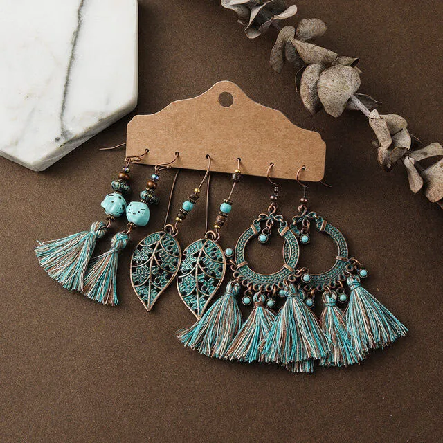 Conjunto 3 Pares de Brincos Vintage Borla e Folha