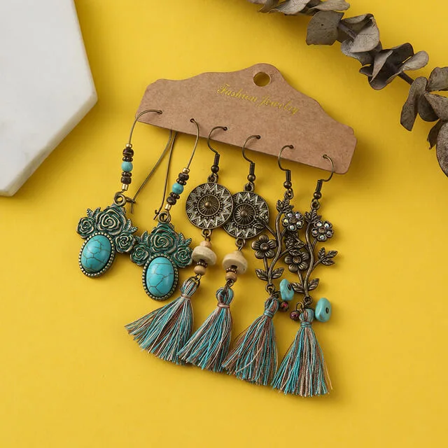 Conjunto 3 Pares de Brincos Boho Flores e Borla