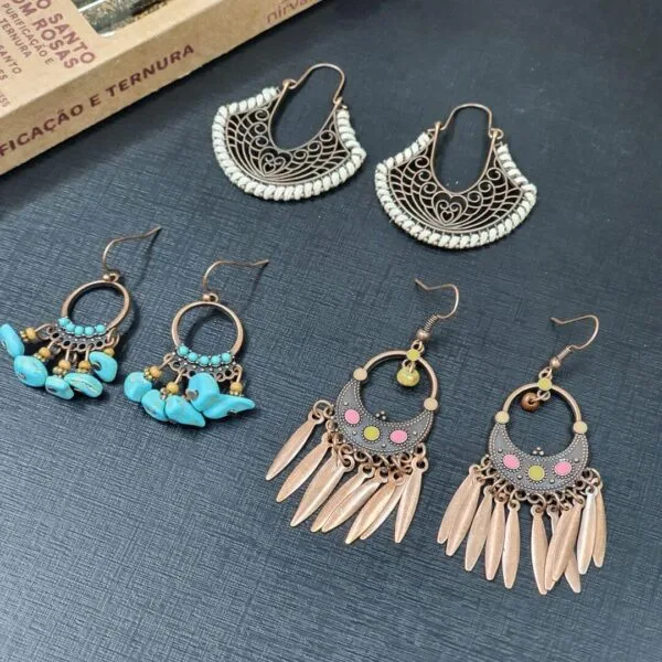 Conjunto 3 Brincos Étnicos Bronze
