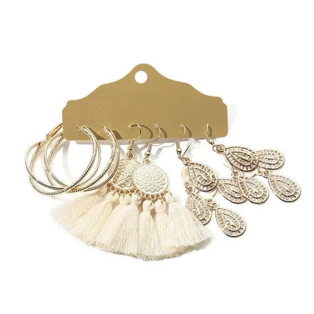 Conjunto de Brincos Boho Chic Dourado Rosé Franja