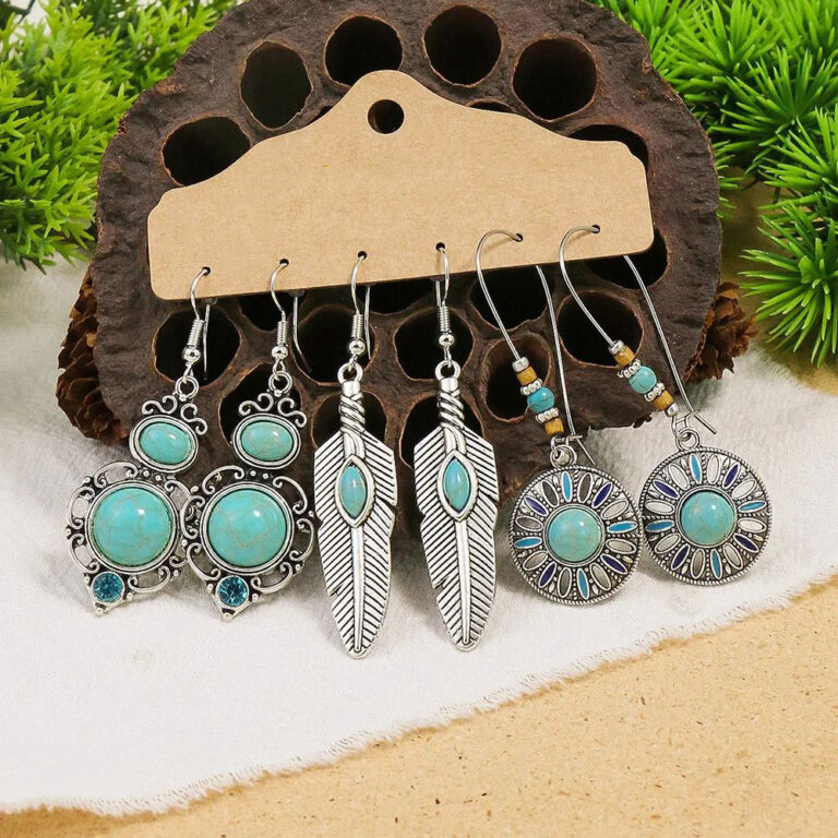 Conjunto 3 Pares de Brincos Boho Turquesa Vintage