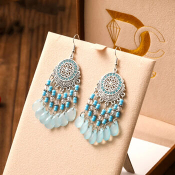 Brinco Boho Vintage Mandala e Strass Azul