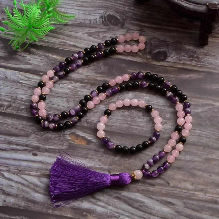 Japamala 108 Contas de Ametista, Quartzo Rosa e Ônix + Pulseira Brinde | Meditação, Amor e Proteção