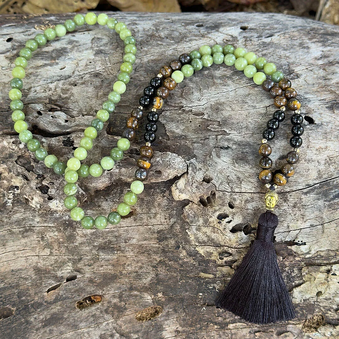 Japamala Olho de Tigre, Ônix e Jade Verde - Cabeça de Buda