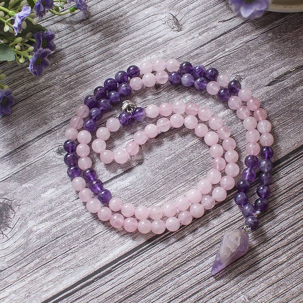 Japamala 108 Contas de Ametista e Quartzo Rosa – Amor, Equilíbrio e Espiritualidade