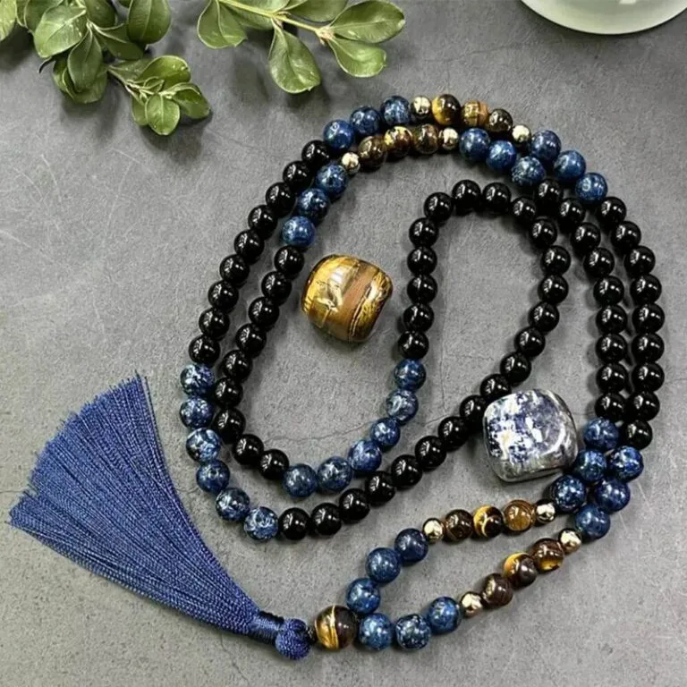 Japamala 108 Contas de Olho de Tigre, Ônix e Lápis Lazuli - Proteção, Força Interior e Clareza Mental