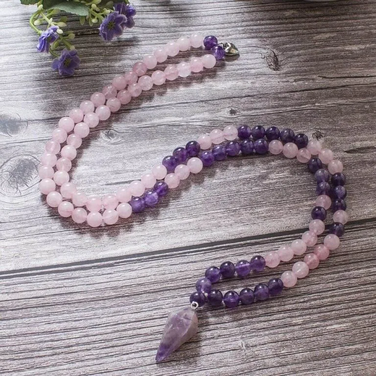 Japamala 108 Contas de Ametista e Quartzo Rosa – Amor, Equilíbrio e Espiritualidade