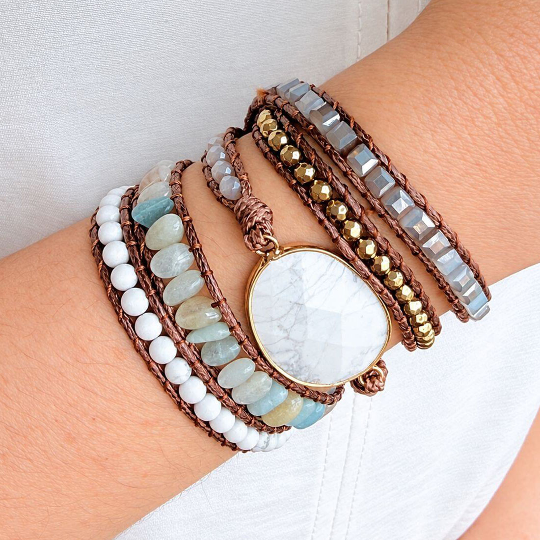 Pulseira 5 Voltas Howlita Natural Boho Chic - Calma e Harmonia