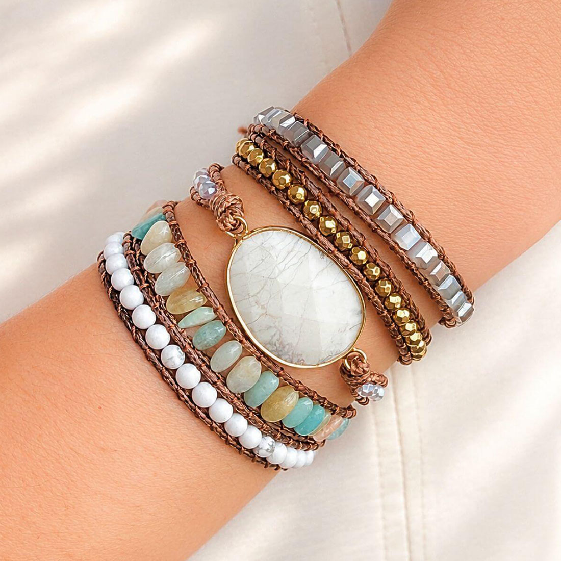 Pulseira 5 Voltas Howlita Natural Boho Chic - Calma e Harmonia